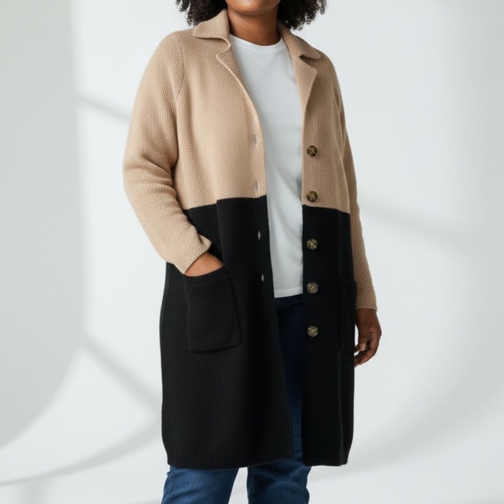 Torrid Beige & Black Colorblock Button Front Sweater Coat Plus size Cardigan 00